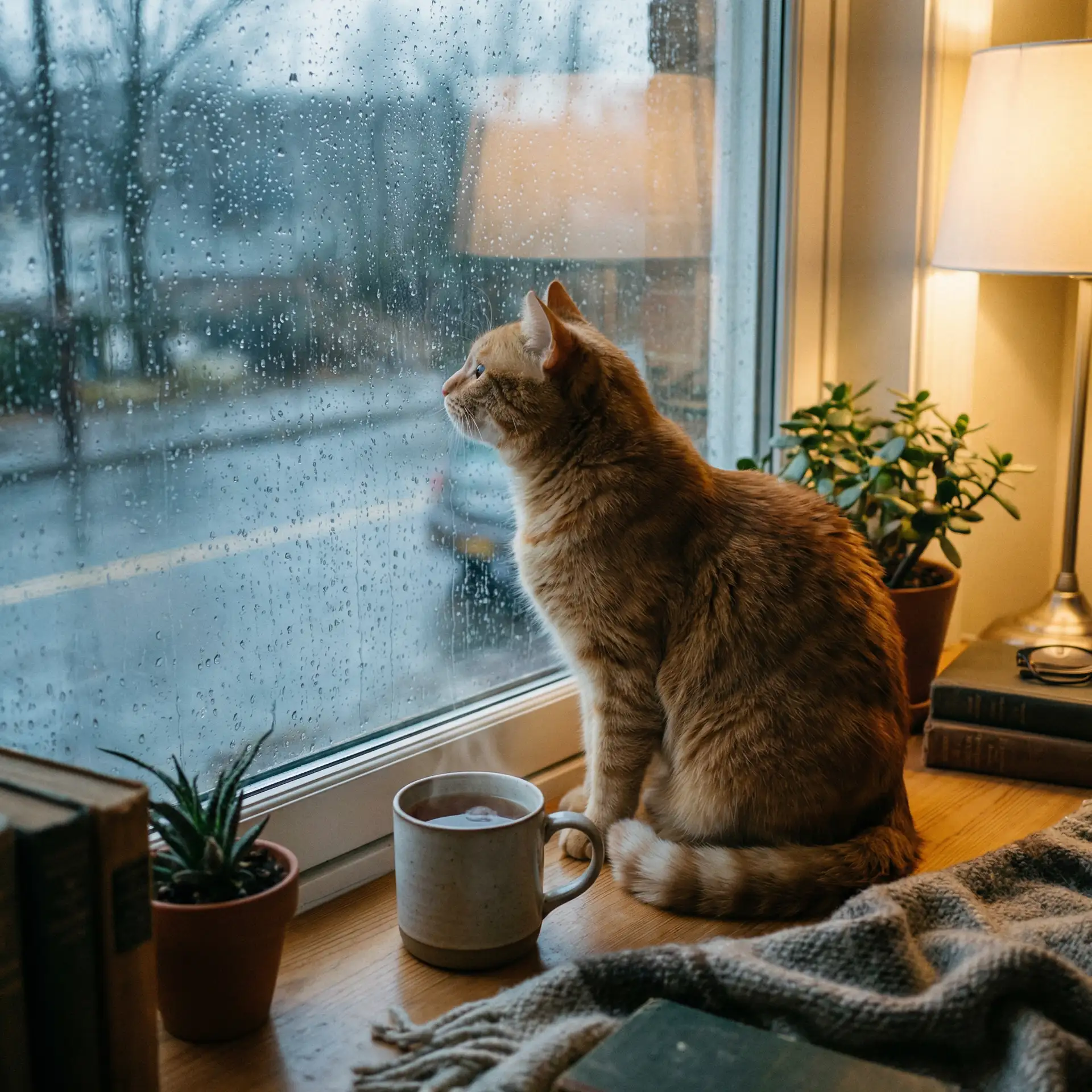 猫咪望着窗外的雨 - 花季传媒
